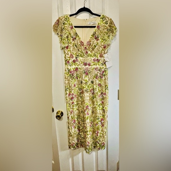 NWT MAC DUGGAL SZ 8 Cream/Multi Embellished Flutter Cap Sleeve Dress #5722